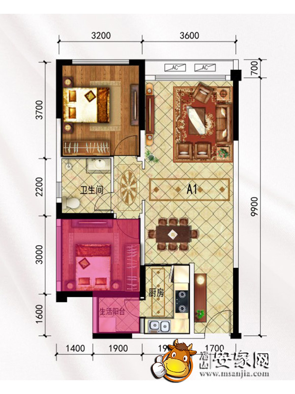 学府壹号a1户型2室2厅1卫68.37m05户型图-眉山安家网