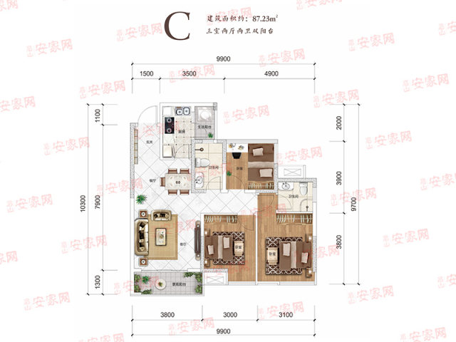 万景进园汇c户型3室2厅2卫87.23m05户型图-眉山安家