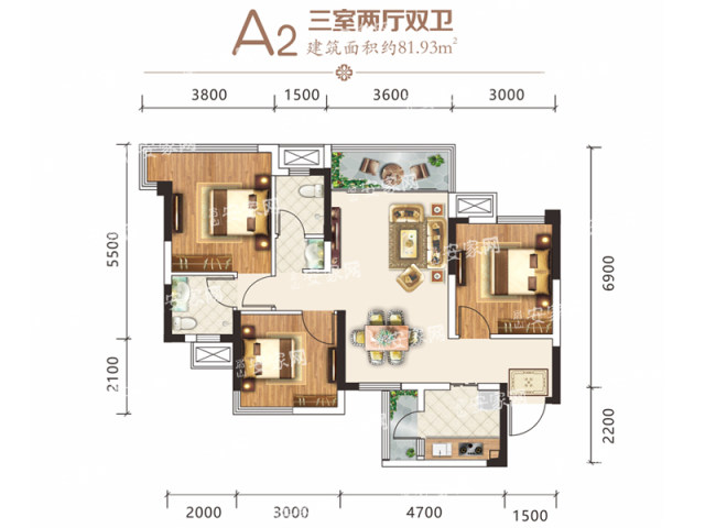 中鑫海铂悦澜庭a23室2厅2卫81.93m05户型图-眉山安家网