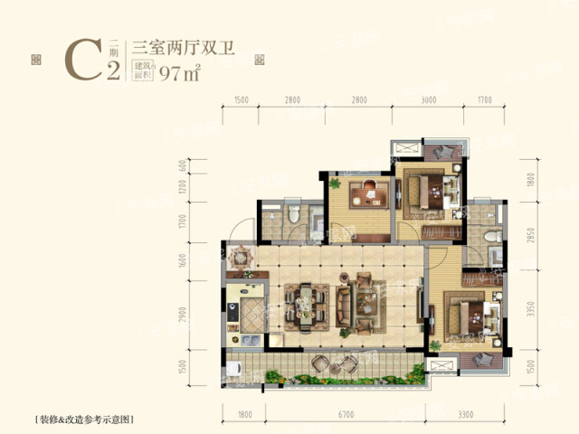 领地天御c23室2厅2卫97m05户型图-眉山安家网